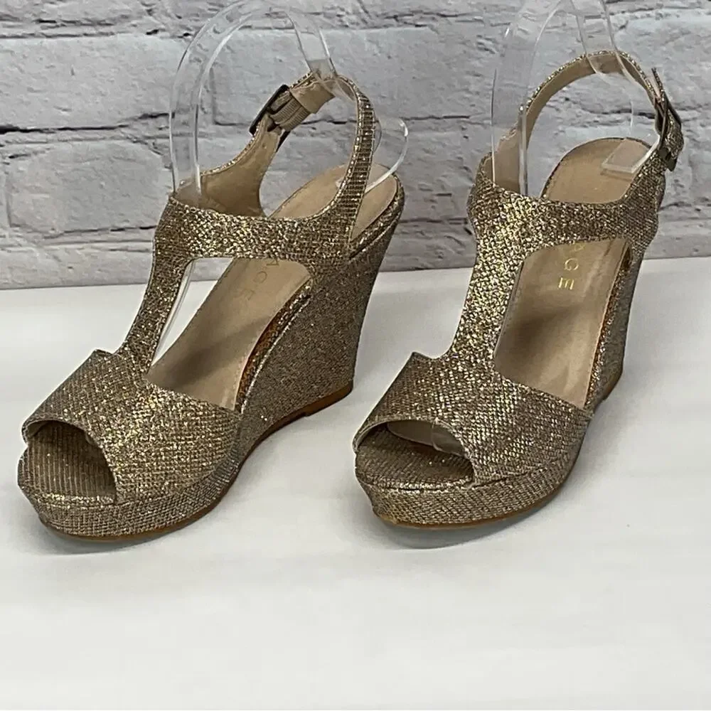 Rampage Sandals Women's Size 7 Rose Gold Glitter T-Strap Wedge Platform Vacation